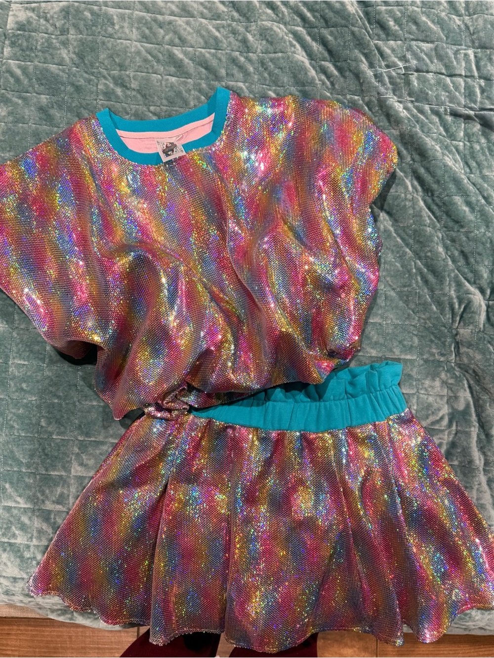 QUEEN OF SPARKLES Rainbow Sequin Top & Skort with Teal Trim